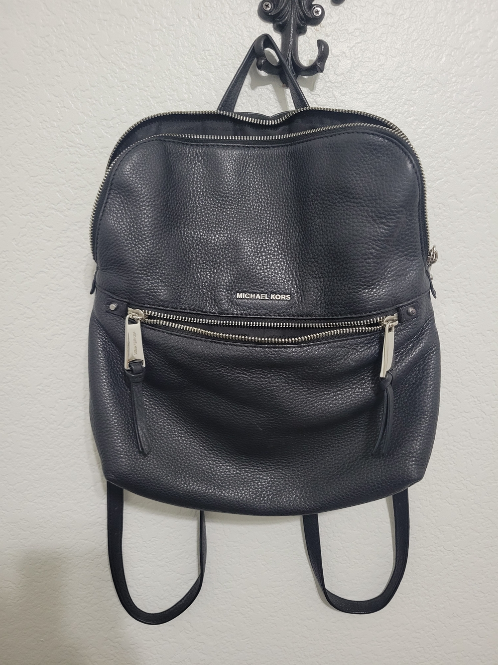 Michael Kors Black Pebbled Leather Backpack with Front Zip Pocket